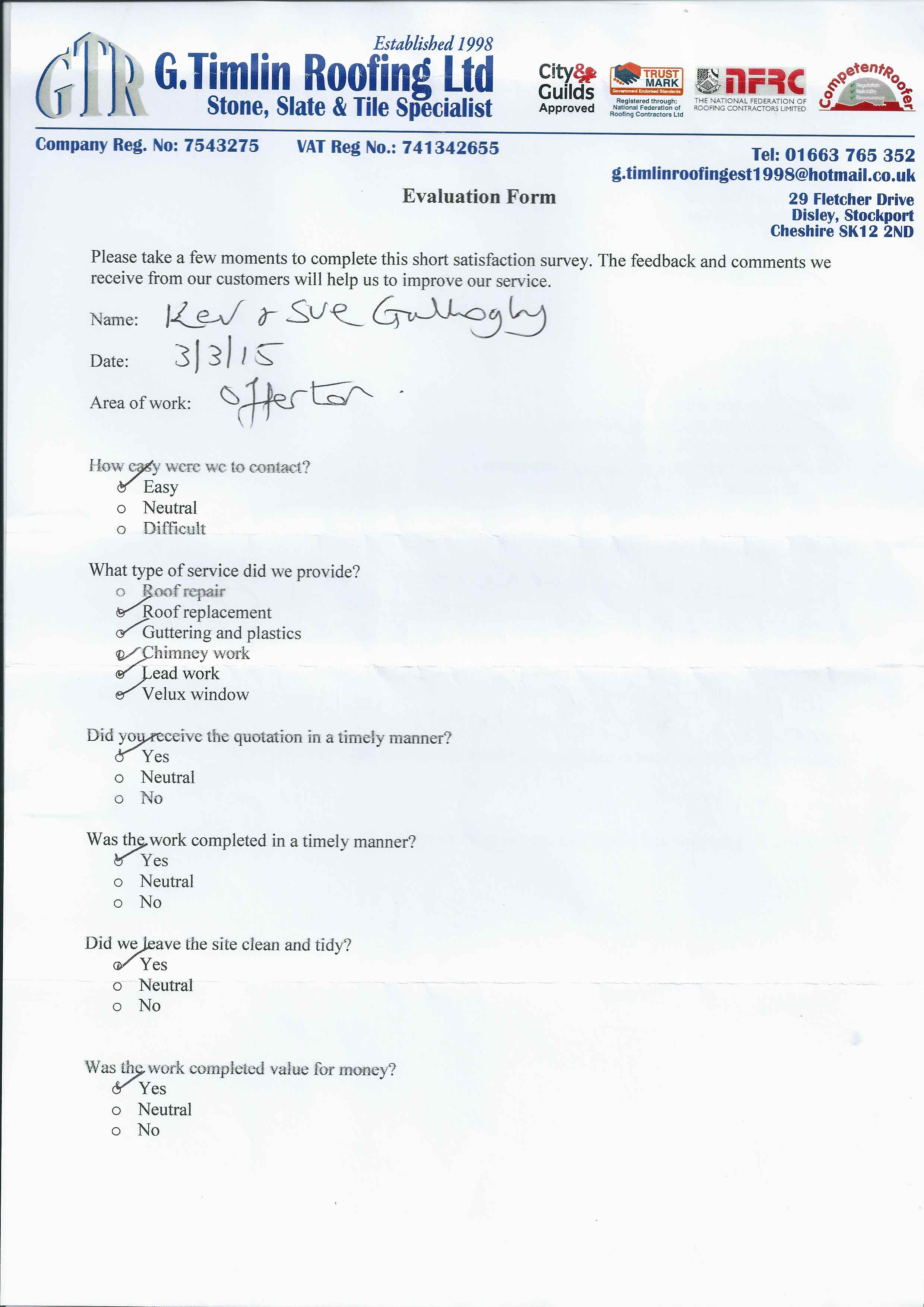 testimonial, Re-Roofing, Lead Work, Chimney Stacks, Plastics, Repairs and Maintenance, Stockport, Cheshire, High Peak, G Timlin Roofing